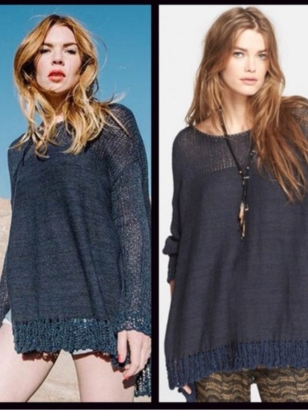 FREE PEOPLE Navy Blue Loose Open Knit Fringe Hem Oversized Boho Sweater Womens M